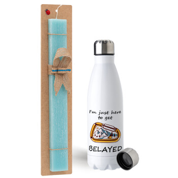I'm just here to get Belayed, Easter Set, metallic stainless steel water bottle (750ml) & aromatic flat Easter candle (30cm) (TURQUOISE)