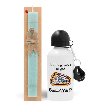 I'm just here to get Belayed, Easter Set, metallic aluminum water bottle (500ml) & scented flat candle (30cm) (TURQUOISE)