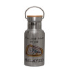 Stainless steel metallic thermos flask, silver with a bamboo lid, double-walled, 350ml.