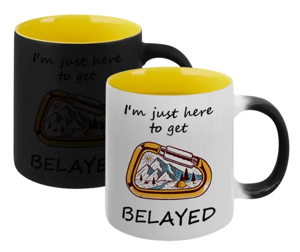 I'm just here to get Belayed — Κούπα Μαγική εσωτερικό κίτρινη, κεραμική 330ml που αλλάζει χρώμα με το ζεστό ρόφημα