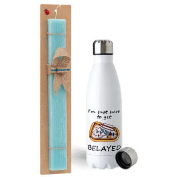 I'm just here to get Belayed, Easter Set, metallic stainless steel water bottle (750ml) & aromatic flat Easter candle (30cm) (TURQUOISE)