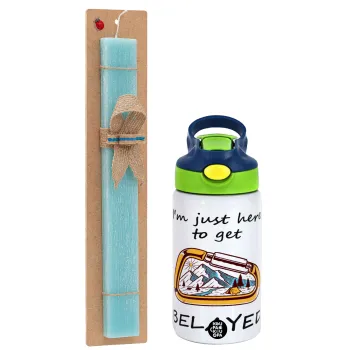 I'm just here to get Belayed, Easter Set, Children's thermal stainless steel bottle with safety straw, green/blue (350ml) & aromatic flat Easter candle (30cm) (TURQUOISE)