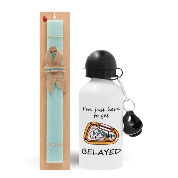 I'm just here to get Belayed, Easter Set, metallic aluminum water bottle (500ml) & scented flat candle (30cm) (TURQUOISE)