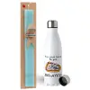 Easter Set, metallic stainless steel water bottle (750ml) & aromatic flat Easter candle (30cm) (TURQUOISE)