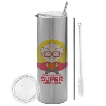 To my best Super Grandpa!, Eco friendly stainless steel Silver tumbler 600ml, with metal straw & cleaning brush
