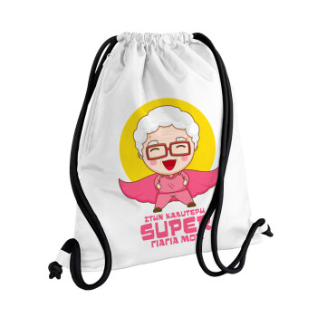 Στην καλύτερη Super γιαγιά μου!, Τσάντα πλάτης πουγκί GYMBAG λευκή, με τσέπη (40x48cm) & χονδρά κορδόνια