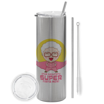 To my best Super Grandma!, Eco friendly stainless steel Silver tumbler 600ml, with metal straw & cleaning brush