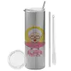 Tumbler stainless steel Silver 600ml, with metal straw & cleaning brush