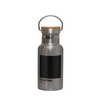 Pantone Black, Μεταλλικό παγούρι θερμός (Stainless steel) Ασημένιο με ξύλινο καπακι (bamboo), διπλού τοιχώματος, 350ml