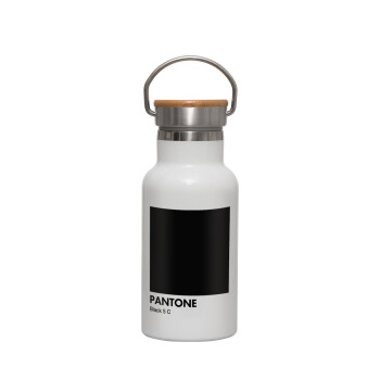 Pantone Black, Μεταλλικό παγούρι θερμός (Stainless steel) Λευκό με ξύλινο καπακι (bamboo), διπλού τοιχώματος, 350ml