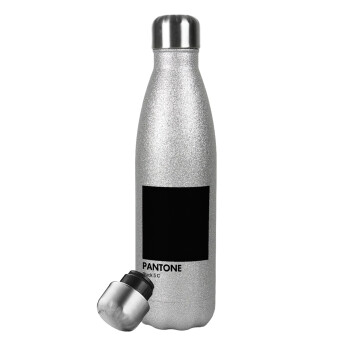 Pantone Black, Μεταλλικό παγούρι θερμός Glitter Aσημένιο (Stainless steel), διπλού τοιχώματος, 500ml