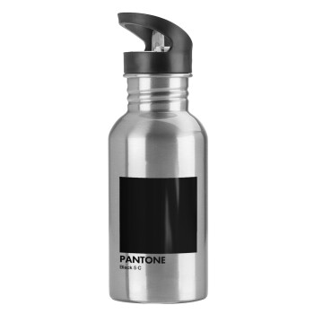 Pantone Black, Water bottle Silver with straw, stainless steel 600ml