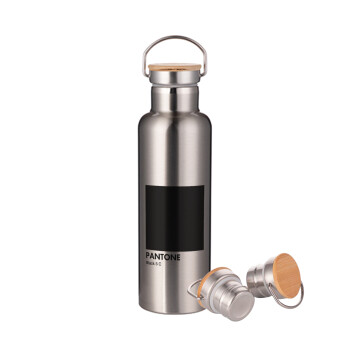 Pantone Black, Stainless steel Silver with wooden lid (bamboo), double wall, 750ml