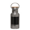 Stainless steel metallic thermos flask, silver with a bamboo lid, double-walled, 350ml.