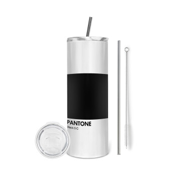 Pantone Black, Eco friendly ποτήρι θερμό (tumbler) από ανοξείδωτο ατσάλι 600ml, με μεταλλικό καλαμάκι & βούρτσα καθαρισμού