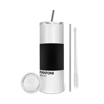 Pantone Black, Tumbler ποτήρι θερμό από ανοξείδωτο ατσάλι 600ml, με μεταλλικό καλαμάκι & βούρτσα καθαρισμού