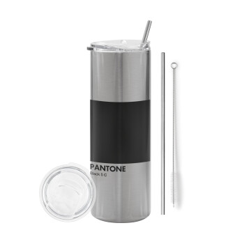 Pantone Black, Tumbler ποτήρι θερμό Ασημένιο από ανοξείδωτο ατσάλι 600ml, με μεταλλικό καλαμάκι & βούρτσα καθαρισμού
