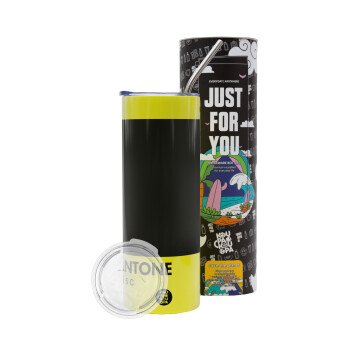 Pantone Black, Neon Yellow Travel Tumbler, with metal straw (Stainless steel 304 Food grade, BPA free, 600ml)
