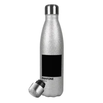 Pantone Black, Μεταλλικό παγούρι θερμός Glitter Aσημένιο (Stainless steel), διπλού τοιχώματος, 500ml