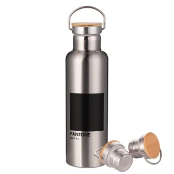 Pantone Black, Μεταλλικό παγούρι θερμός (Stainless steel) Ασημένιο με ξύλινο καπακι (bamboo), διπλού τοιχώματος, 750ml