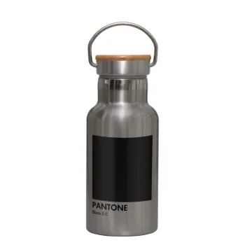 Pantone Black, Μεταλλικό παγούρι θερμός (Stainless steel) Ασημένιο με ξύλινο καπακι (bamboo), διπλού τοιχώματος, 350ml