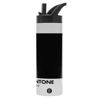 Pantone Black, Μεταλλικό παγούρι θερμός με καλαμάκι & χειρολαβή, ανοξείδωτο ατσάλι (Stainless steel 304), διπλού τοιχώματος, 600ml