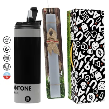 Pantone Black, Πασχαλινή Λαμπάδα με Travel Tumbler θερμό (600ml, BPA free) & κερί αρωματικό πλακέ (30cm) (ΓΚΡΙ)
