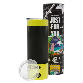 Pantone Black, Neon Yellow Travel Tumbler θερμό, μεταλλικό καλαμάκι(Ανωξείδωτο 304 Food grade, BPA free, 600ml)