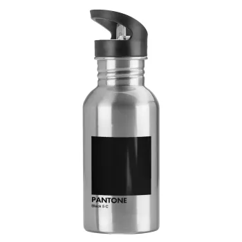 Pantone Black, Παγούρι νερού Ασημένιο με καλαμάκι, ανοξείδωτο ατσάλι 600ml