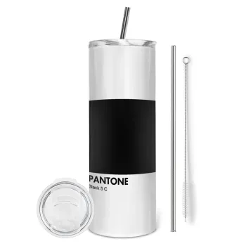 Pantone Black, Tumbler ποτήρι θερμό από ανοξείδωτο ατσάλι 600ml, με μεταλλικό καλαμάκι & βούρτσα καθαρισμού