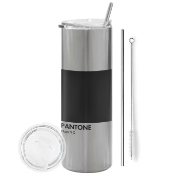 Pantone Black, Tumbler ποτήρι θερμό Ασημένιο από ανοξείδωτο ατσάλι 600ml, με μεταλλικό καλαμάκι & βούρτσα καθαρισμού