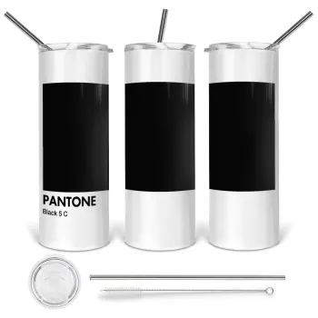 Pantone Black, Tumbler ποτήρι θερμό από ανοξείδωτο ατσάλι 600ml, με μεταλλικό καλαμάκι & βούρτσα καθαρισμού