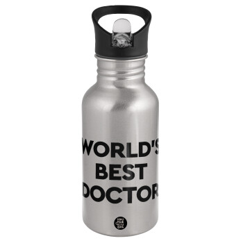 World's Best Doctor, Παγούρι νερού Ασημένιο με καλαμάκι, ανοξείδωτο ατσάλι 500ml