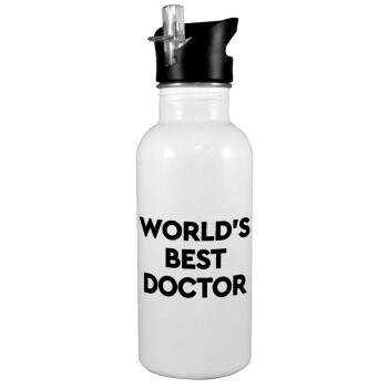 World's Best Doctor, White water bottle with straw, stainless steel 600ml