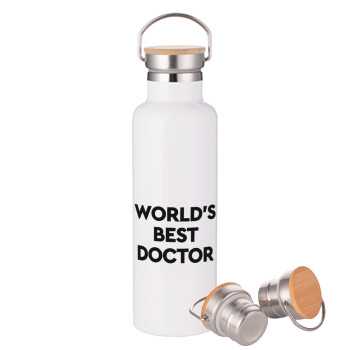 World's Best Doctor, Μεταλλικό παγούρι θερμός (Stainless steel) Λευκό με ξύλινο καπακι (bamboo), διπλού τοιχώματος, 750ml
