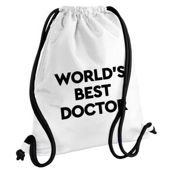 World's Best Doctor, Τσάντα πλάτης πουγκί GYMBAG λευκή, με τσέπη (40x48cm) & χονδρά κορδόνια