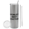 Tumbler stainless steel Silver 600ml, with metal straw & cleaning brush
