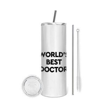 World's Best Doctor, Tumbler ποτήρι θερμό από ανοξείδωτο ατσάλι 600ml, με μεταλλικό καλαμάκι & βούρτσα καθαρισμού