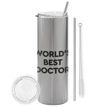 World's Best Doctor, Eco friendly ποτήρι θερμό Ασημένιο (tumbler) από ανοξείδωτο ατσάλι 600ml, με μεταλλικό καλαμάκι & βούρτσα καθαρισμού