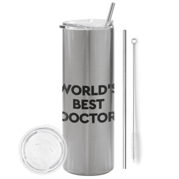 World's Best Doctor, Tumbler ποτήρι θερμό Ασημένιο από ανοξείδωτο ατσάλι 600ml, με μεταλλικό καλαμάκι & βούρτσα καθαρισμού