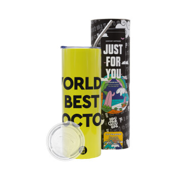 World's Best Doctor, Neon Yellow Travel Tumbler θερμό, μεταλλικό καλαμάκι(Ανωξείδωτο 304 Food grade, BPA free, 600ml)