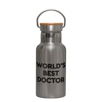 World's Best Doctor, Μεταλλικό παγούρι θερμός (Stainless steel) Ασημένιο με ξύλινο καπακι (bamboo), διπλού τοιχώματος, 350ml