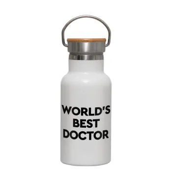 World's Best Doctor, Μεταλλικό παγούρι θερμός (Stainless steel) Λευκό με ξύλινο καπακι (bamboo), διπλού τοιχώματος, 350ml