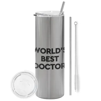 World's Best Doctor, Tumbler ποτήρι θερμό Ασημένιο από ανοξείδωτο ατσάλι 600ml, με μεταλλικό καλαμάκι & βούρτσα καθαρισμού
