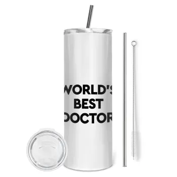 World's Best Doctor, Tumbler ποτήρι θερμό από ανοξείδωτο ατσάλι 600ml, με μεταλλικό καλαμάκι & βούρτσα καθαρισμού