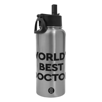World's Best Doctor, Μεταλλικό παγούρι θερμός Silver με καλαμάκι και χερούλι (Stainless steel), διπλού τοιχώματος, 950ml