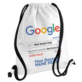 Searching for Best Doctor Ever..., Backpack pouch GYMBAG white, with pocket (40x48cm) & thick cords