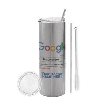 Searching for Best Doctor Ever..., Eco friendly stainless steel Silver tumbler 600ml, with metal straw & cleaning brush