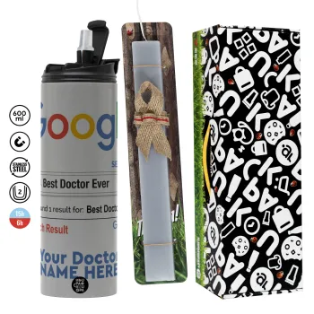 Searching for Best Doctor Ever..., Πασχαλινή Λαμπάδα με Travel Tumbler θερμό (600ml, BPA free) & κερί αρωματικό πλακέ (30cm) (ΓΚΡΙ)
