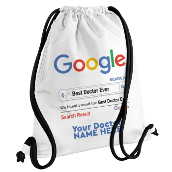Searching for Best Doctor Ever..., Backpack pouch GYMBAG white, with pocket (40x48cm) & thick cords